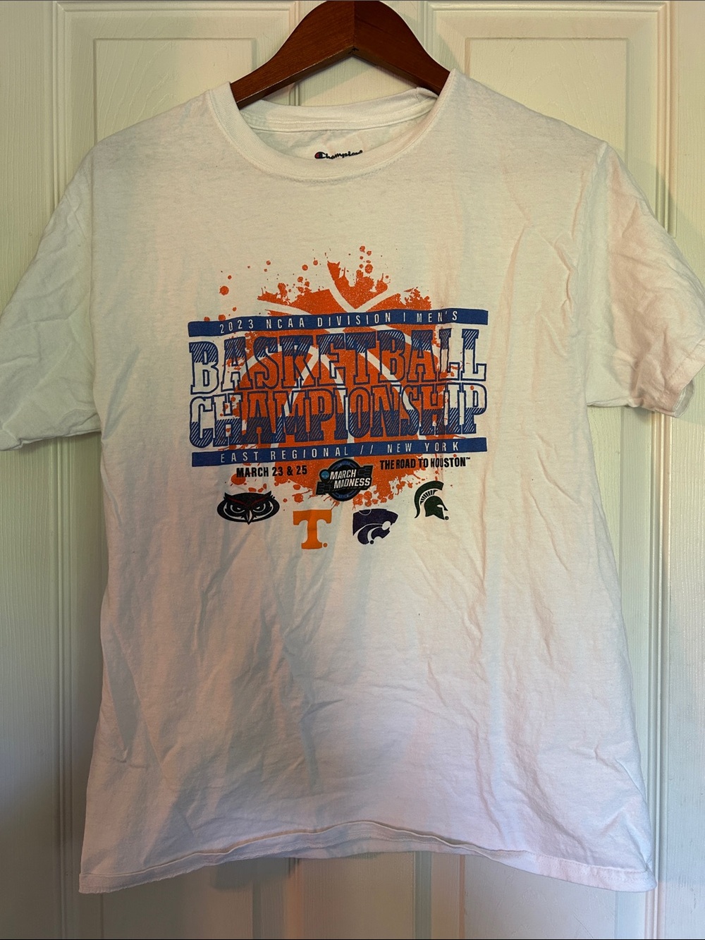 Champion White Tee with Orange and Blue Basketball Championship Graphic
